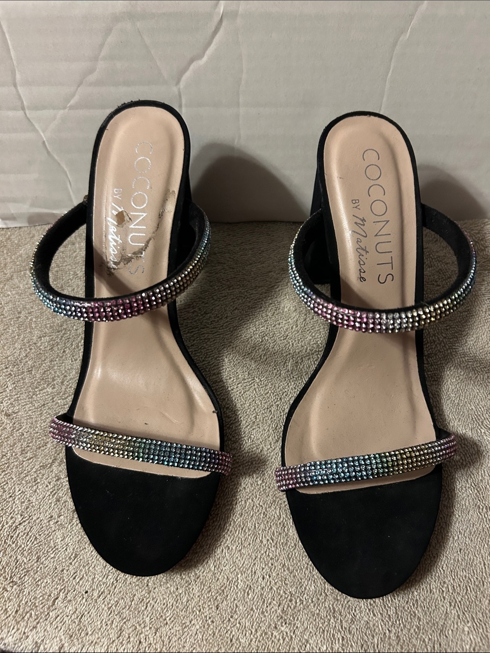 Coconuts by Matisse Black Heeled Sandals with Multicolor Crystal Straps, size 8M